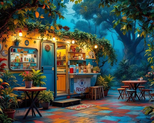 Vibrant Food Truck in Enchanted Forest Setting