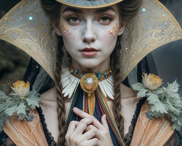 Woman in ornate costume with intricate braids and hat