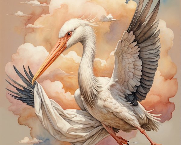 Stork in Flight Against Pastel Cloud Background