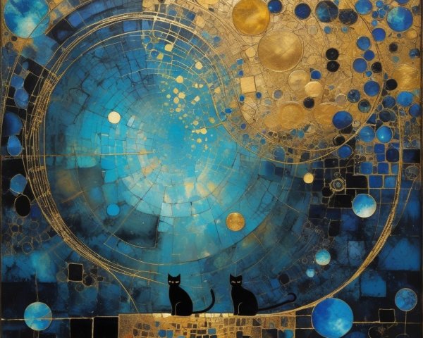 Abstract Cosmic Scene with Cats and Vibrant Colors