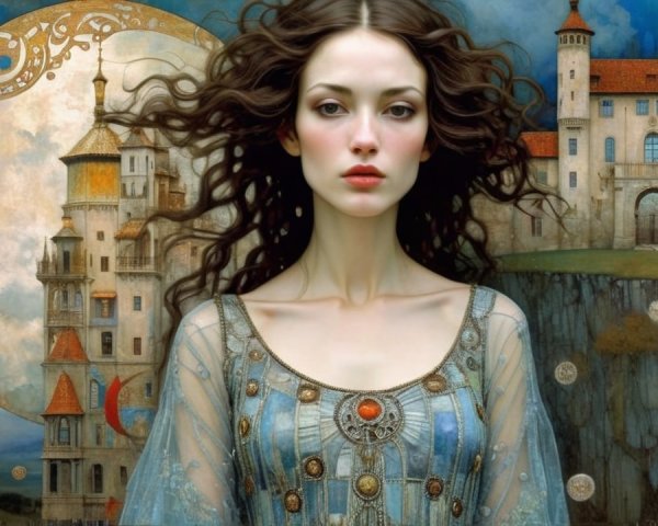 Mystical Scene with Young Woman in Elegant Blue Gown
