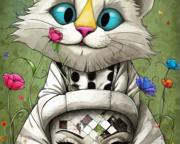 Fluffy White Cat and Serene Figure in Colorful Setting