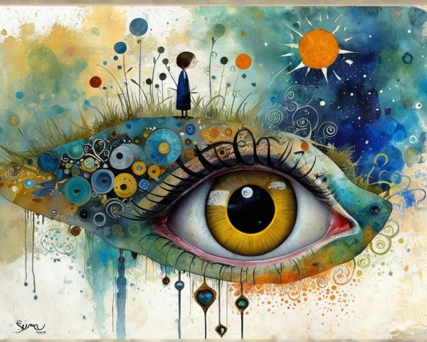 Colorful Eye Surrounded by Surreal Landscape Elements