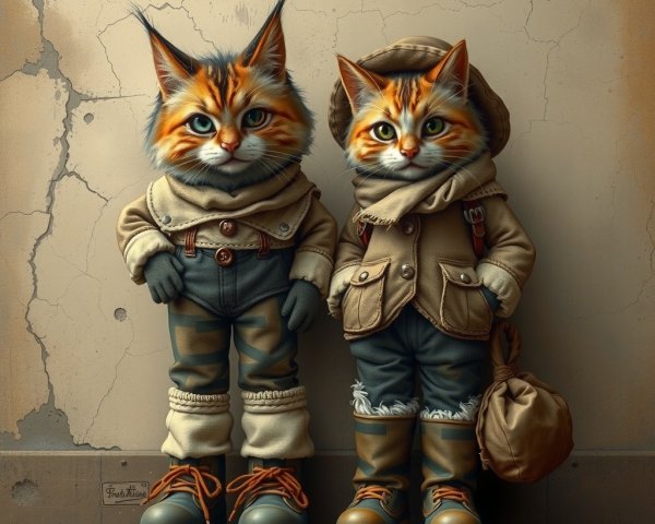 Whimsical anthropomorphic cats in stylish outdoor attire