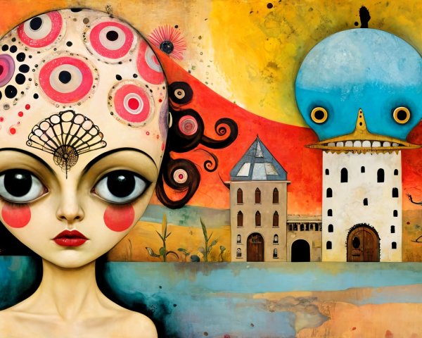 Whimsical Artwork of Large-Eyed Girl and Surreal Creature