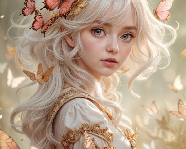 Young girl in embroidered gown with butterfly motifs