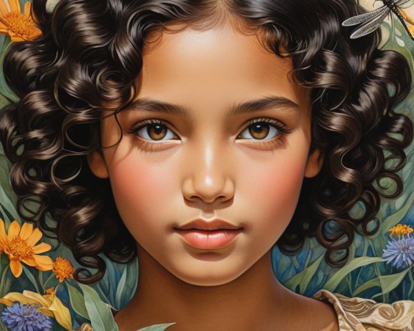 Close-Up Portrait of a Young Girl Among Flowers