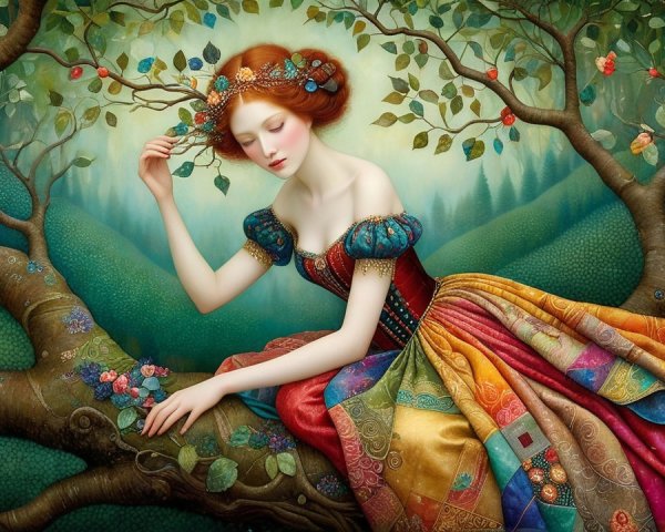 Young Woman with Red Hair in Lush Green Landscape