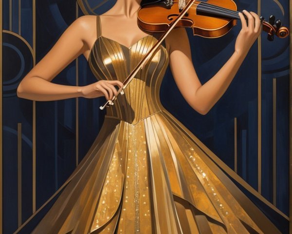 Elegant Woman in Golden Gown Playing Violin