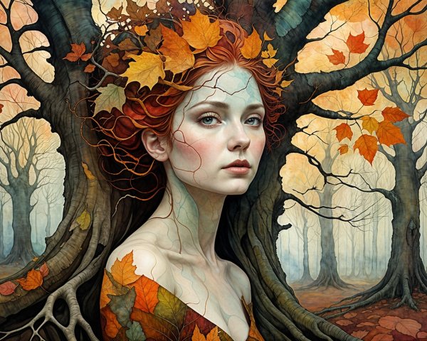 Woman with Red Hair Amid Autumn Leaves and Trees