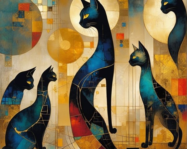 Stylized Black Cats with Golden Eyes in Warm Colors
