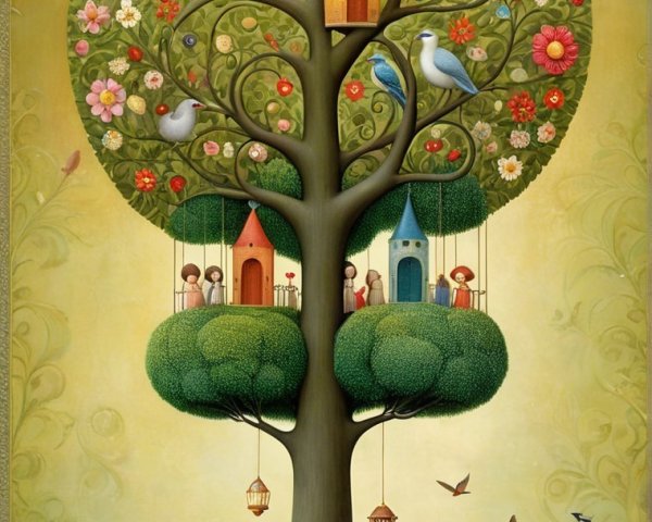 Whimsical Tree Illustration with Birds and Flowers