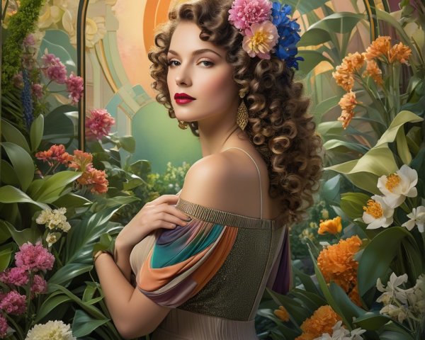 Woman with Curly Hair and Floral Dress in Garden