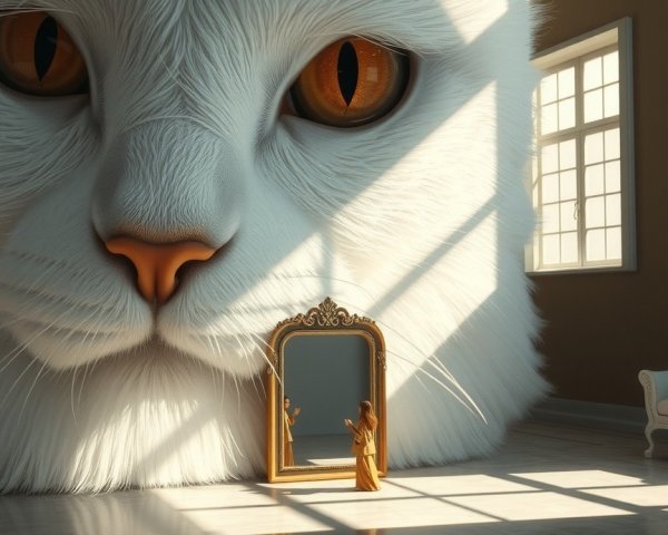 Surreal Room with Enormous Cat Head and Mirror Reflection