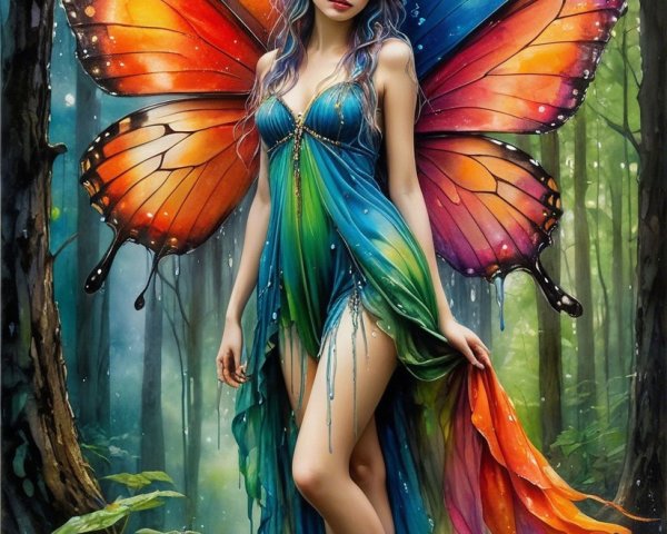 Magical fairy in vibrant forest with butterfly wings