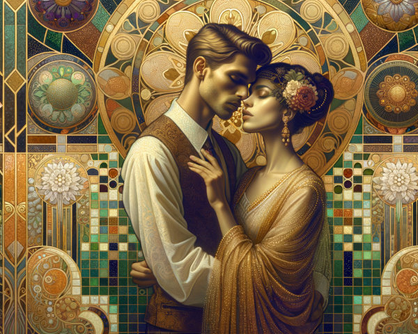 Romantic Couple in Art Nouveau Style with Patterns