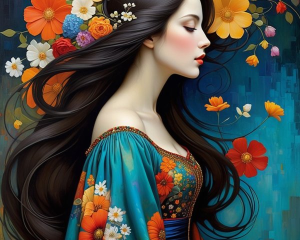 Profile of a Woman with Floral Dress and Hair