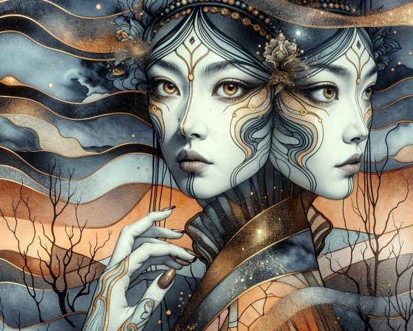 Ethereal Two-Faced Figure in Dreamlike Landscape