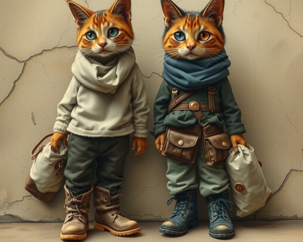 Whimsical anthropomorphic cats in casual outfits
