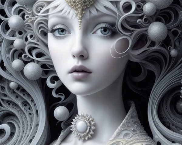 Ethereal Figure with Pale Skin and Intricate Hair