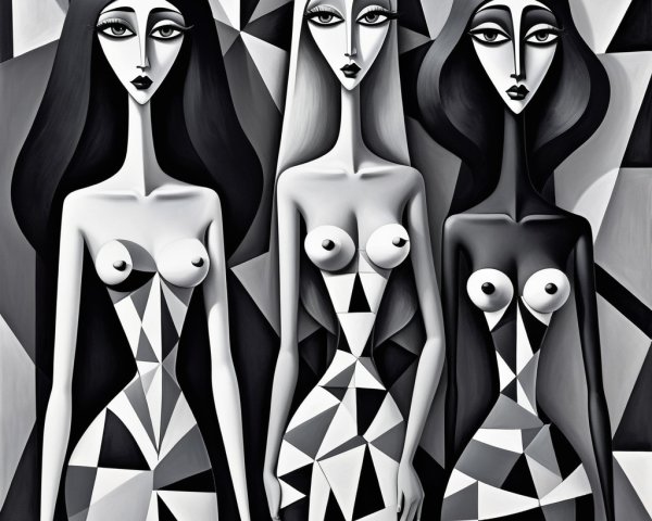 Stylized Female Figures with Geometric Background