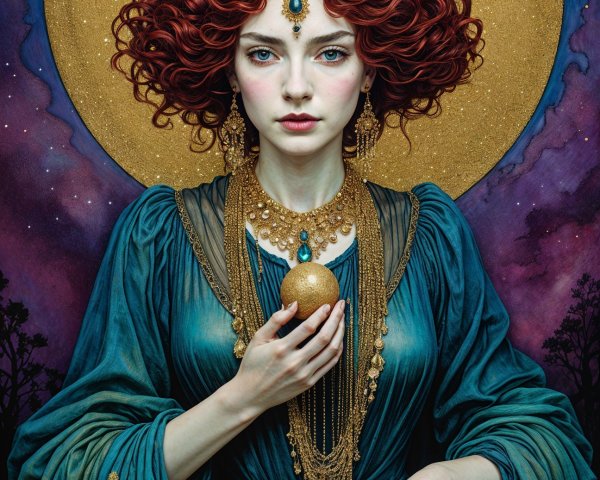 Portrait of a Woman in Teal Gown with Golden Halo