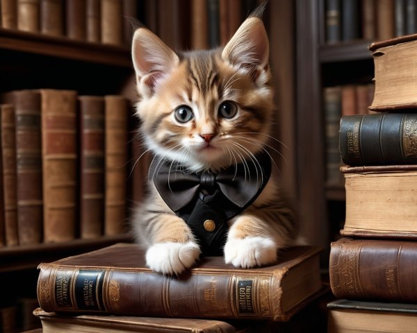 Fluffy kitten on vintage books in a cozy library