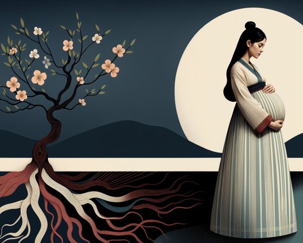 Pregnant Woman in Traditional Attire with Nature Elements