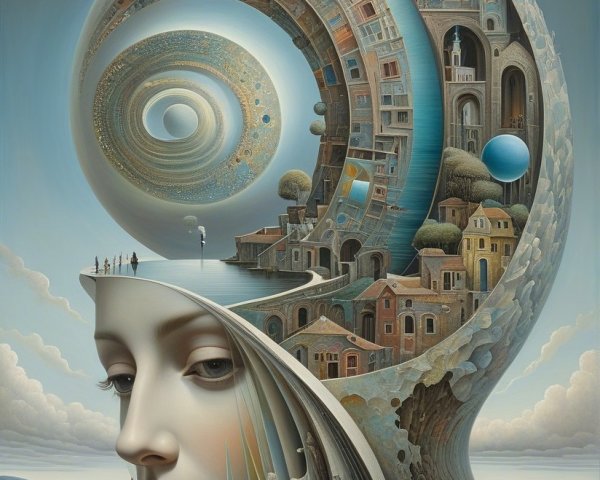 Surreal Landscape with Human Features and Cityscape