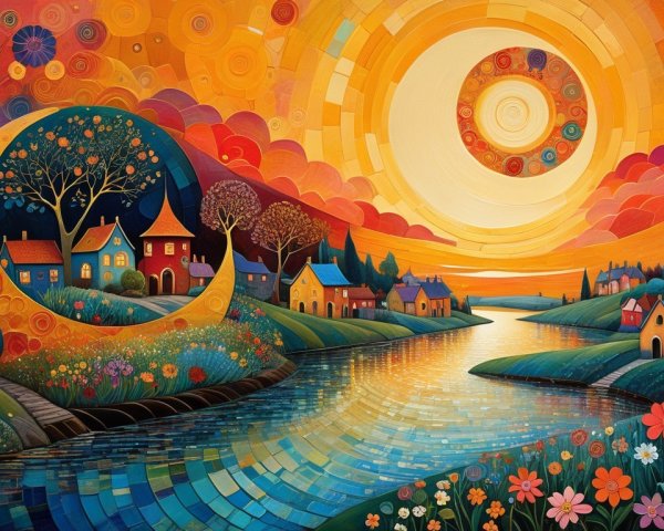 Vibrant Landscape with Whimsical Houses and River