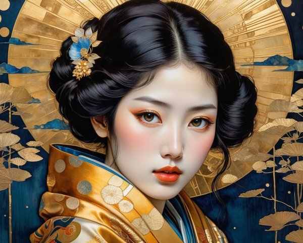 Portrait of a woman in a vibrant traditional kimono