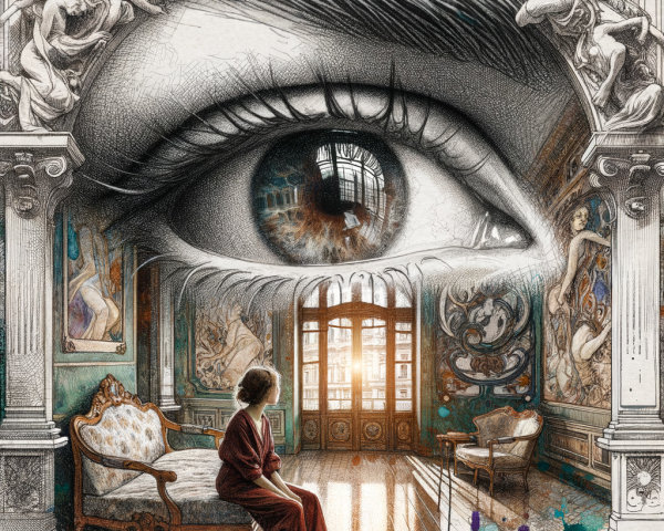 Surreal Room with Eye and Classic Art Elements
