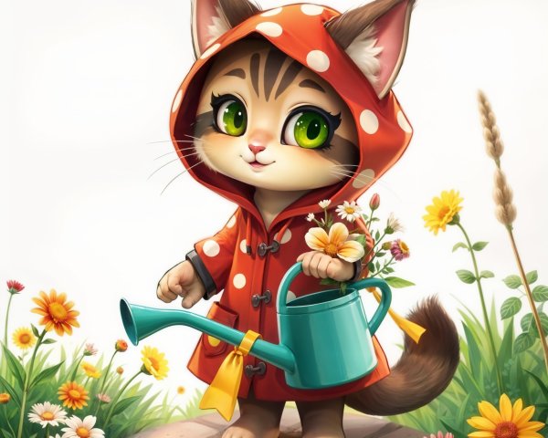 Kitten in Red Raincoat Surrounded by Colorful Flowers