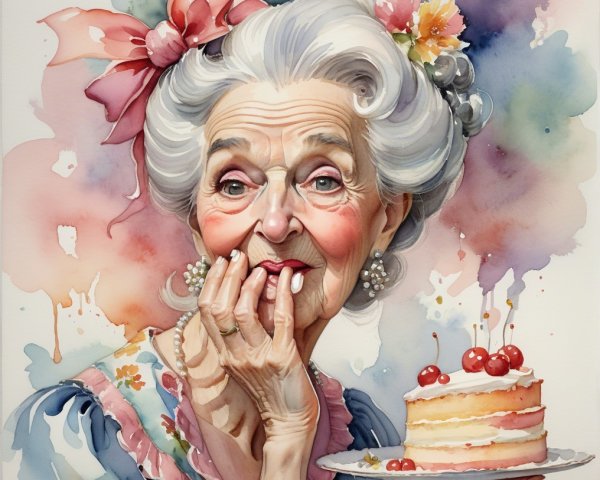Elderly Woman with Cake in Vibrant Watercolor Scene