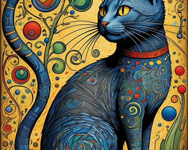 Stylized Blue Cat with Vibrant Patterns and Orbs