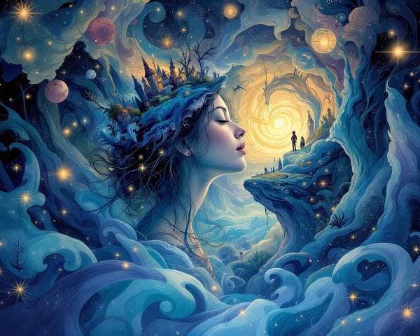 Anime Painting of Woman with Castle and Astral Background