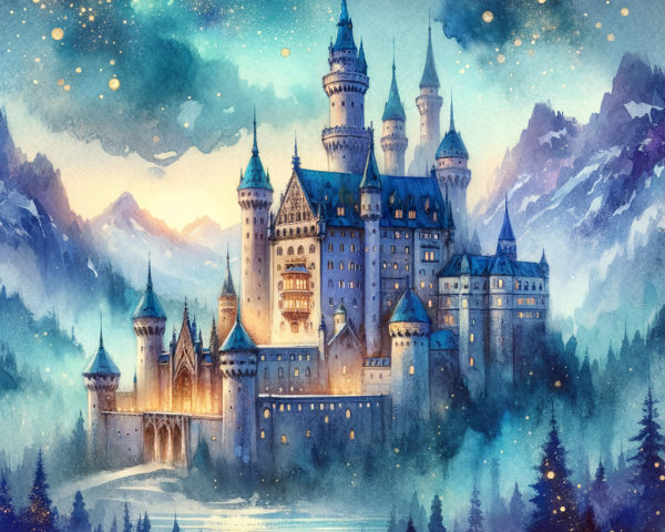Whimsical Castle Among Misty Mountains at Night