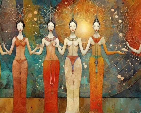 Vibrant Artwork of Six Elegant Figures in Harmony