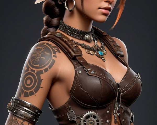 Steampunk-Inspired Woman with Intricate Tattoos and Gear Accents