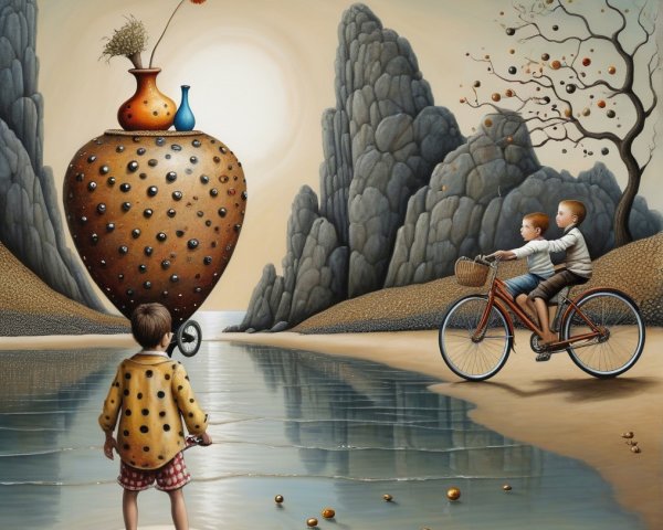 Surreal Landscape with Boys by a Serene River