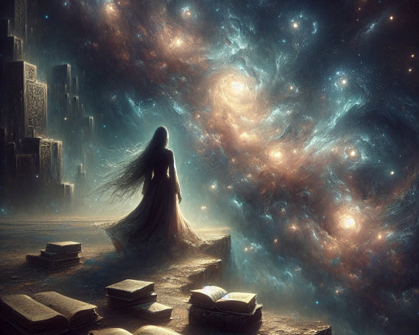 Silhouette in Gown Amidst Cosmic Galaxy and Books