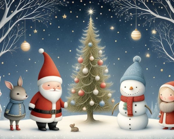 Whimsical Winter Scene with Santa, Snowman, and Tree
