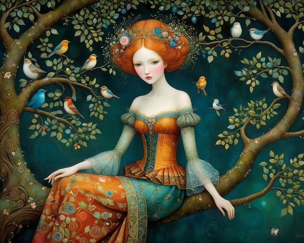 Ethereal figure with red-orange hair in vibrant dress