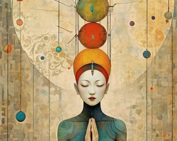 Serene figure in prayer with cosmic planets and moon