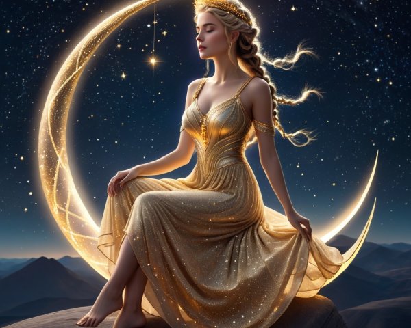 Woman in gold gown on crescent moon under stars