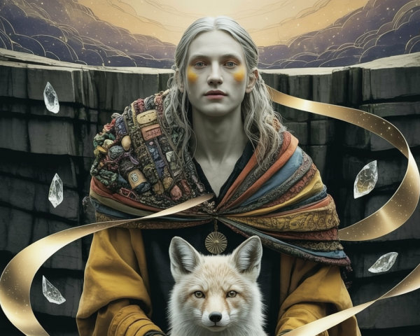 Serene figure with flowing hair in mystical landscape