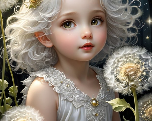 Young girl in white dress surrounded by dandelions