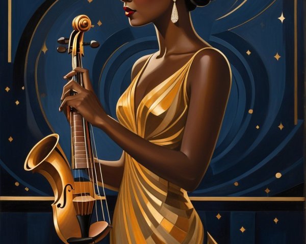 Elegant Woman in Golden Gown with Musical Instruments