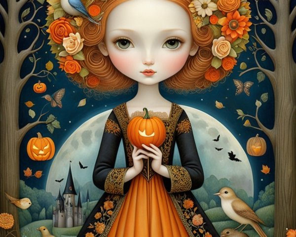 Whimsical Girl in Floral Crown in Enchanted Forest