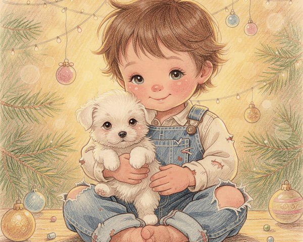 Digital Illustration of Child with Puppy and Festive Decor